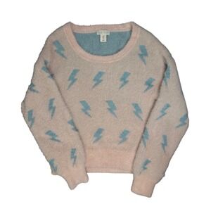 Women's Pink Pastel Fuzzy Sweater Sz-S Lightning Print Kawaii Coquette Pullover